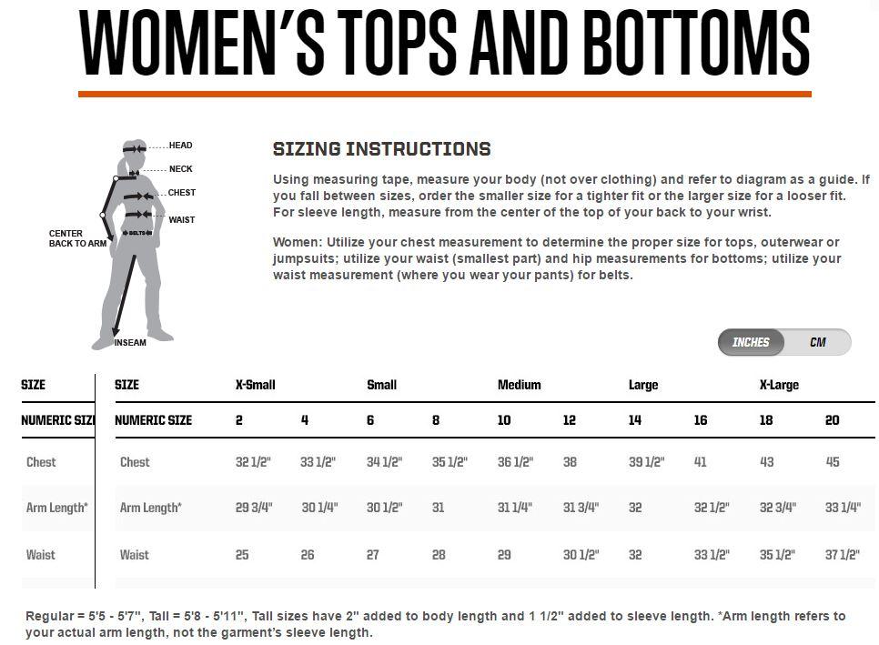 511 Women's pants size chart